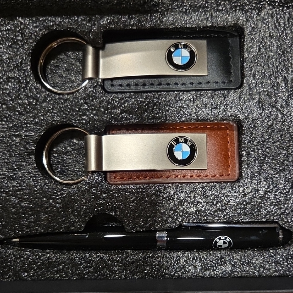 BMW Leather Key Fob Set with Black Pen - Black and Brown